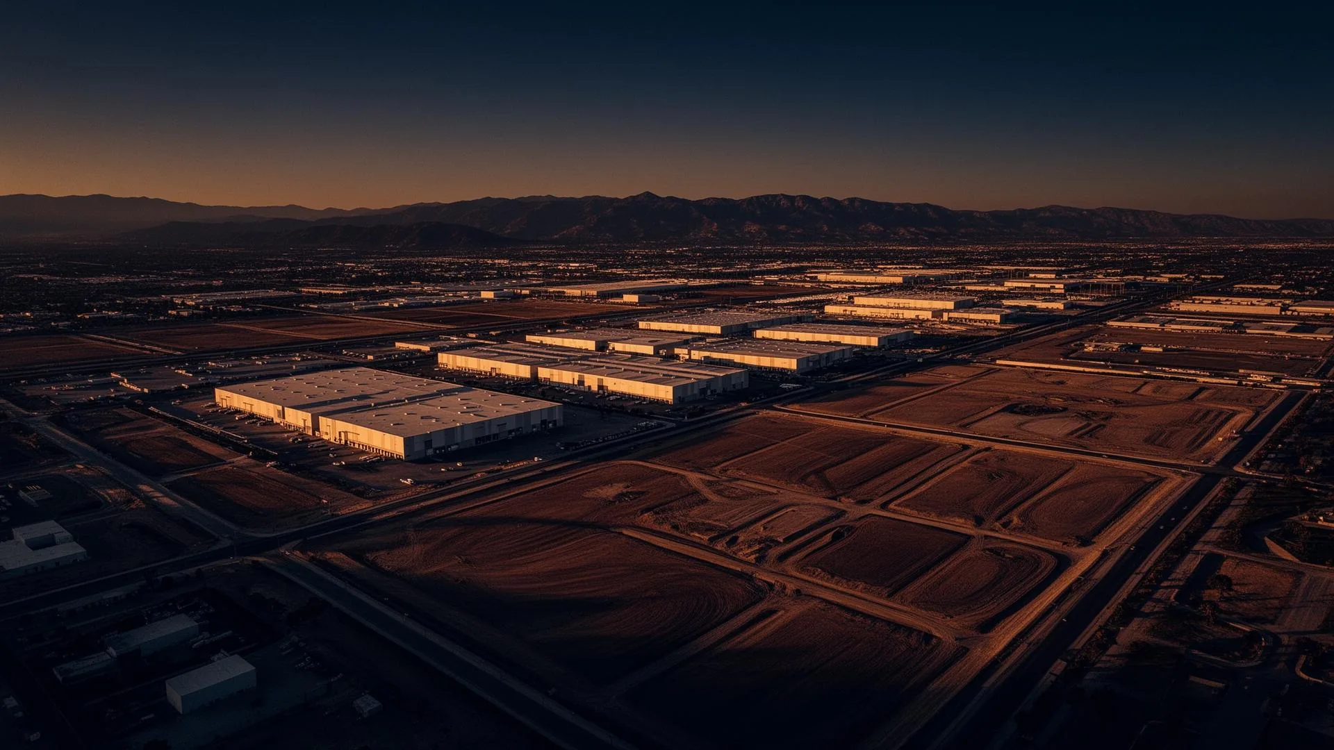 Aerial view of commercial development in Southwest Riverside County at twilight